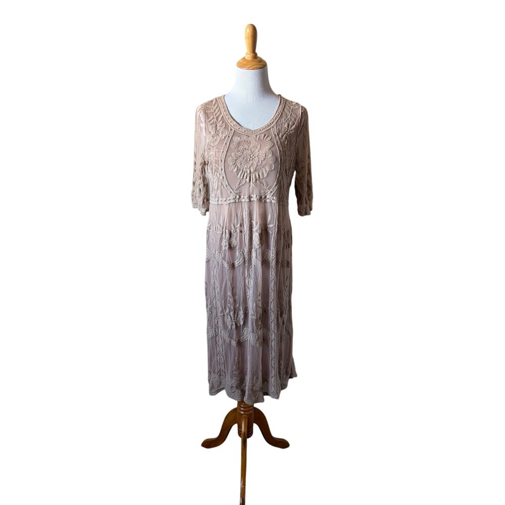 Orange Creek Tan Lace Overlay Lined Embroidered Midi Dress Half Sleeves M/L Boho
